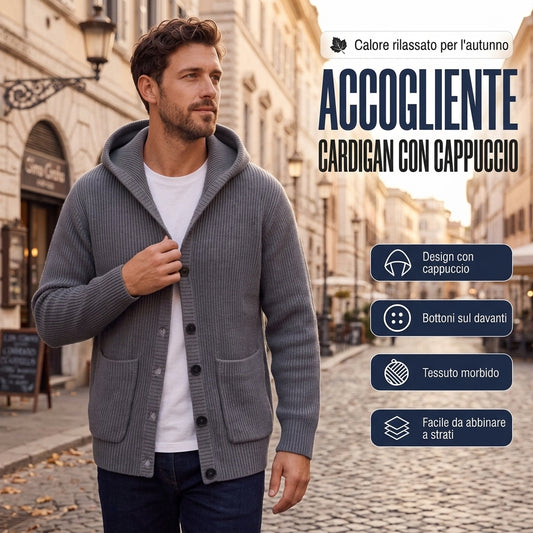 Cardigan Uomo in Maglia con Cappuccio - Maglione Casual con Bottoni