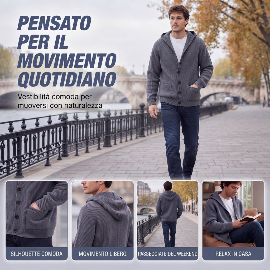 Cardigan Uomo in Maglia con Cappuccio - Maglione Casual con Bottoni