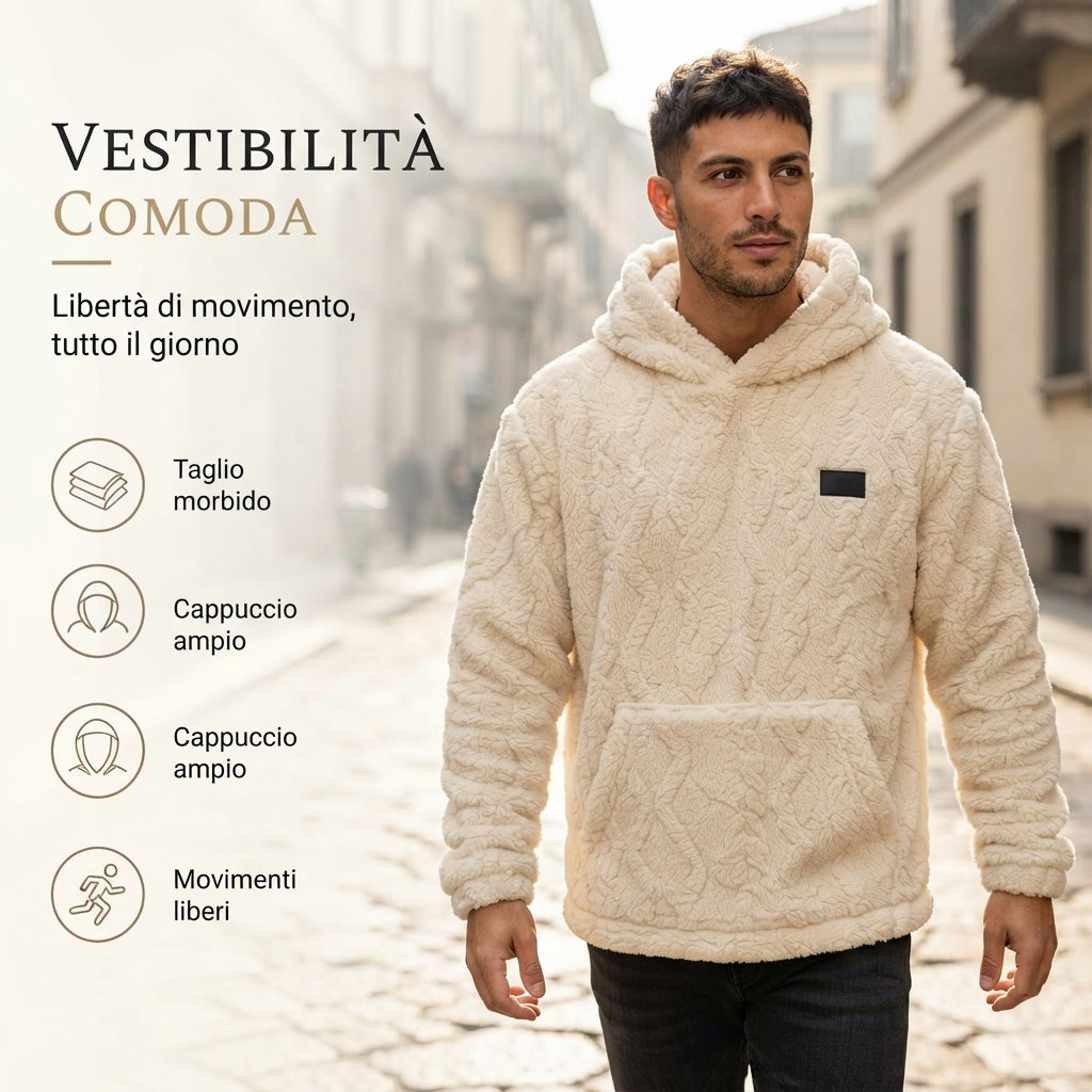 Felpa con Cappuccio Uomo in Pile Peluche – Motivo Jacquard a Trecce, Stile Pullover Invernale