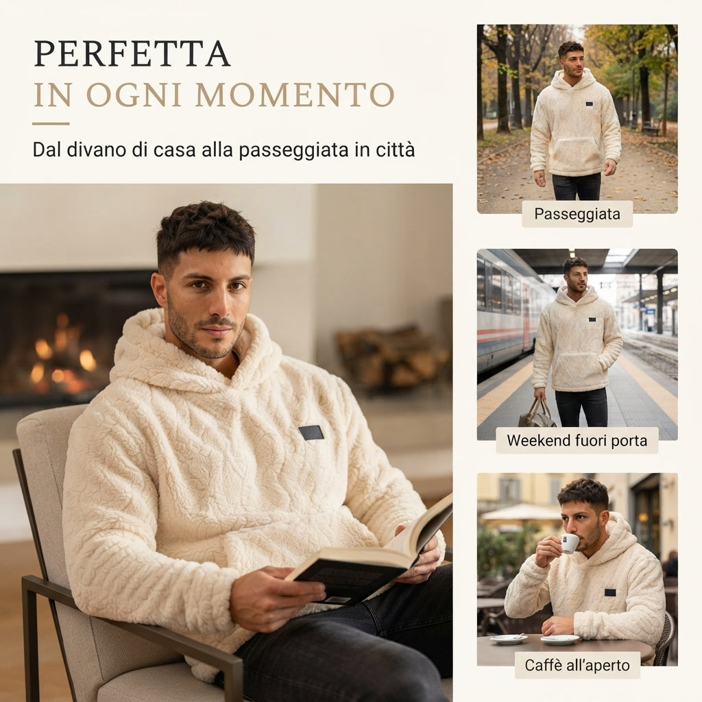 Felpa con Cappuccio Uomo in Pile Peluche – Motivo Jacquard a Trecce, Stile Pullover Invernale