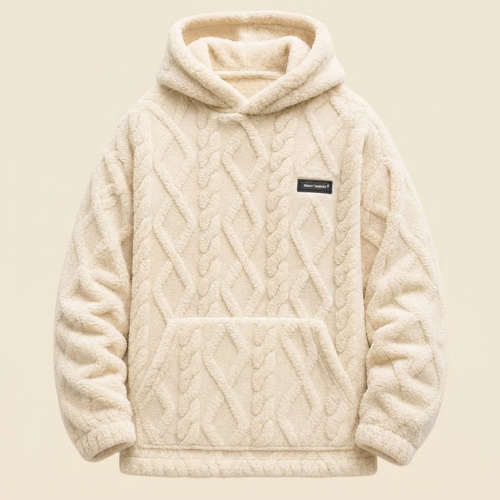 Felpa con Cappuccio Uomo in Pile Peluche – Motivo Jacquard a Trecce, Stile Pullover Invernale