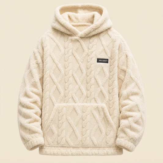Felpa con Cappuccio Uomo in Pile Peluche – Motivo Jacquard a Trecce, Stile Pullover Invernale