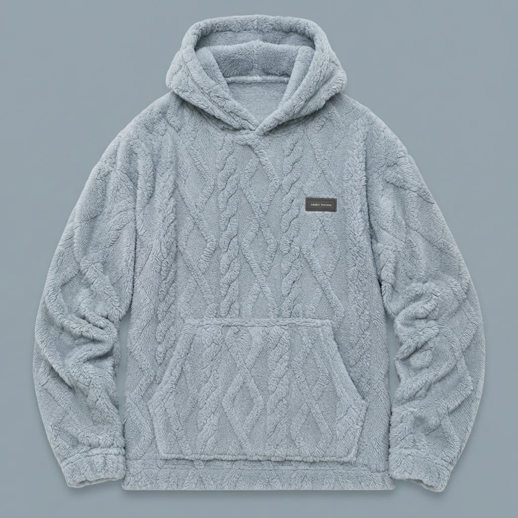 Felpa con Cappuccio Uomo in Pile Peluche – Motivo Jacquard a Trecce, Stile Pullover Invernale