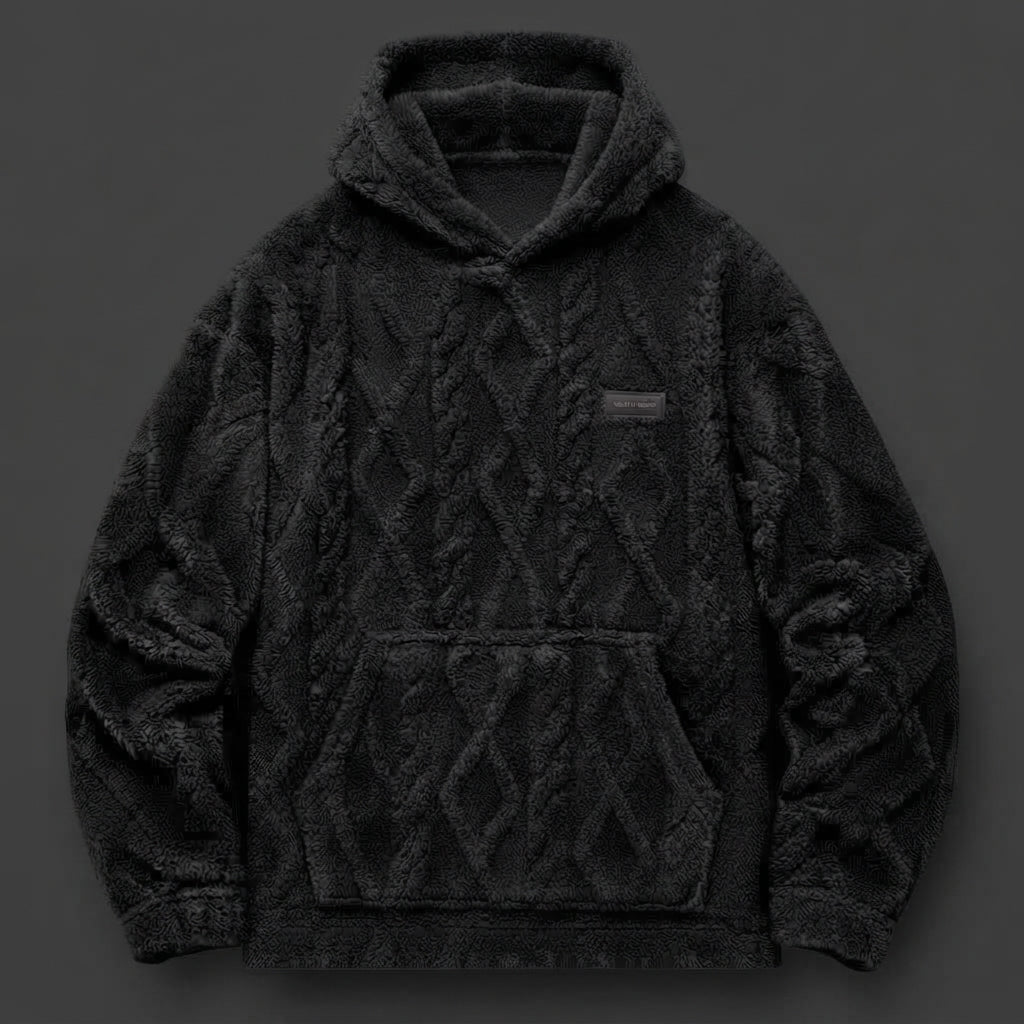 Felpa con Cappuccio Uomo in Pile Peluche – Motivo Jacquard a Trecce, Stile Pullover Invernale